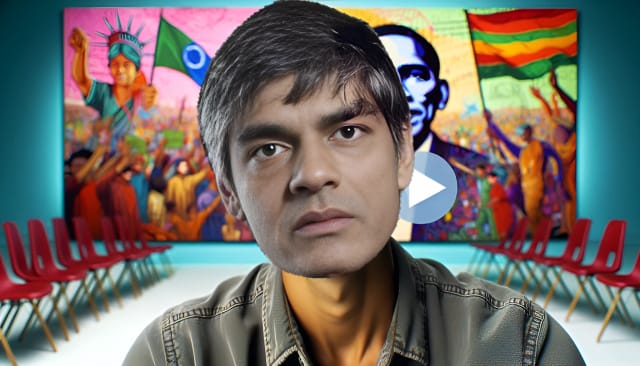 Raj Patel, a social justice activist and author, looking directly at the camera with a confident expression. The background features vibrant colors and imagery symbolizing global inequality and activism. Patel's medium build and medium skin tone add to his relatability and approachability.