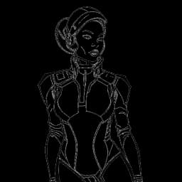 Dessin en lignes d'une femme représentant Zoe Saldana, vêtue d'un costume de science-fiction dégageant confiance et un sens du futur, sur un fond blanc.