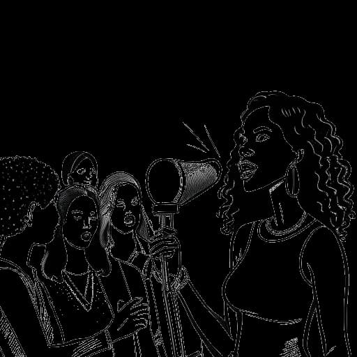 Desenho artístico de uma mulher representando Zoe Saldana, segurando um megafone com um balão de pensamento contendo um grupo diversificado de pessoas