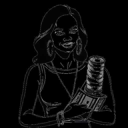 Desenho artístico de uma mulher representando Zoe Saldana, segurando um carretel de filme e uma pilha de dinheiro