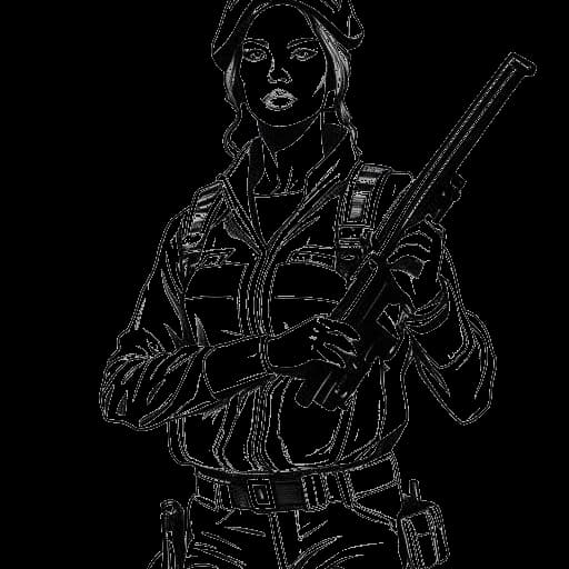 Desenho artístico de uma mulher representando Zoe Saldana em 'Special Ops: Lioness', vestindo equipamento militar e segurando uma arma