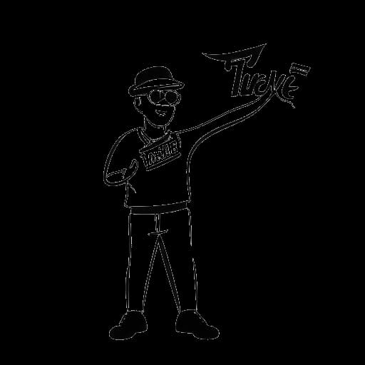 Line art drawing of a man representing Felix Baumgartner, holding a banner for his humanitarian project, FLY 4 LIFE