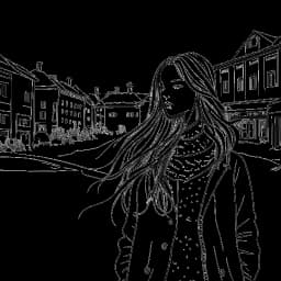 Strichzeichnung eines jungen Mädchens, das Charlotte Würdig repräsentiert. Sie hat lange Haare und ist dargestellt, wie sie von einer verschneiten skandinavischen Landschaft in eine lebendige städtische Umgebung in Deutschland wechselt, alles vor einem weißen Hintergrund.