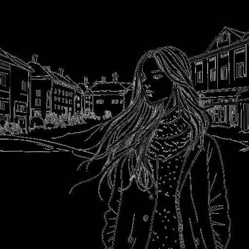 Strichzeichnung eines jungen Mädchens, das Charlotte Würdig repräsentiert. Sie hat lange Haare und ist dargestellt, wie sie von einer verschneiten skandinavischen Landschaft in eine lebendige städtische Umgebung in Deutschland wechselt, alles vor einem weißen Hintergrund.