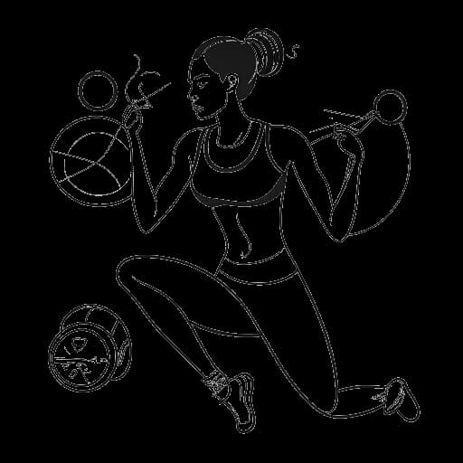 Strichzeichnung einer fit aussehenden Frau, die Charlotte Würdig repräsentiert und aktiv an einem Trainingsprogramm teilnimmt. Die Illustration enthält Symbole für Fitness und Wellness, alles auf einem weißen Hintergrund.