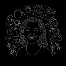 Strichzeichnung einer Frau, die Charlotte Würdig repräsentiert, mit einem warmen Lächeln und einer vielfältigen Palette an Interessen. Symbole, die ihre persönlichen Leistungen wie Tanzen, Kochen, Sport und Make-up-Kunst umgeben sie auf einem weißen Hintergrund.