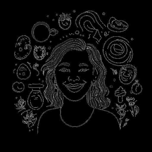 Strichzeichnung einer Frau, die Charlotte Würdig repräsentiert, mit einem warmen Lächeln und einer vielfältigen Palette an Interessen. Symbole, die ihre persönlichen Leistungen wie Tanzen, Kochen, Sport und Make-up-Kunst umgeben sie auf einem weißen Hintergrund.