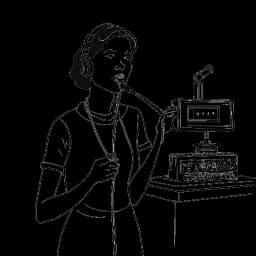 Strichzeichnung einer selbstbewussten Frau, die Charlotte Würdig repräsentiert, ein Mikrofon haltend und zwischen TV-Produktionsausrüstung stehend. Die Illustration ist in Schwarz-Weiß gehalten, auf einem weißen Hintergrund.