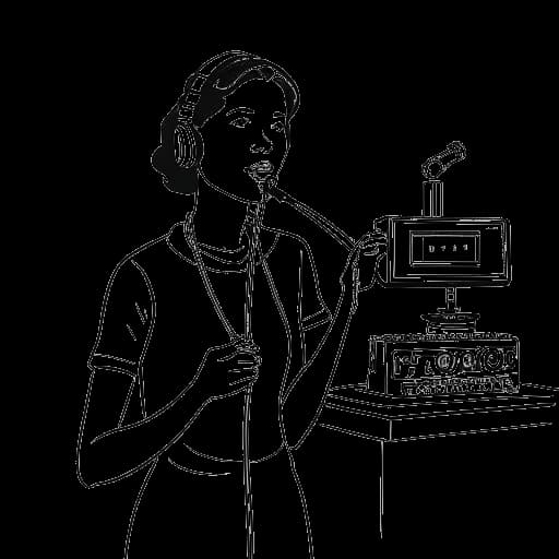 Strichzeichnung einer selbstbewussten Frau, die Charlotte Würdig repräsentiert, ein Mikrofon haltend und zwischen TV-Produktionsausrüstung stehend. Die Illustration ist in Schwarz-Weiß gehalten, auf einem weißen Hintergrund.