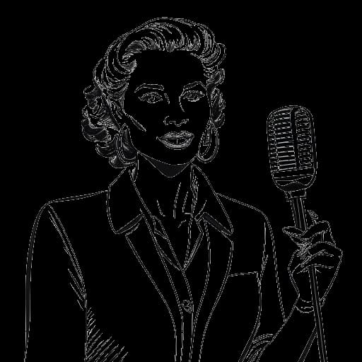 Strichzeichnung einer Frau, die Charlotte Würdig darstellt, mit stylischem Haar und einem selbstbewussten Ausdruck. Sie hält ein Mikrofon und ein Buch, mit Fernsehkameras und Fitnessgeräten im Hintergrund, symbolisiert ihre Karriere und unternehmerischen Bestrebungen.