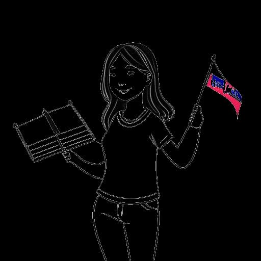 Strichzeichnung eines jungen Mädchens, das Charlotte Würdig darstellt, und Flaggen von Taiwan, Deutschland und Norwegen vor einem Flugzeug haltend