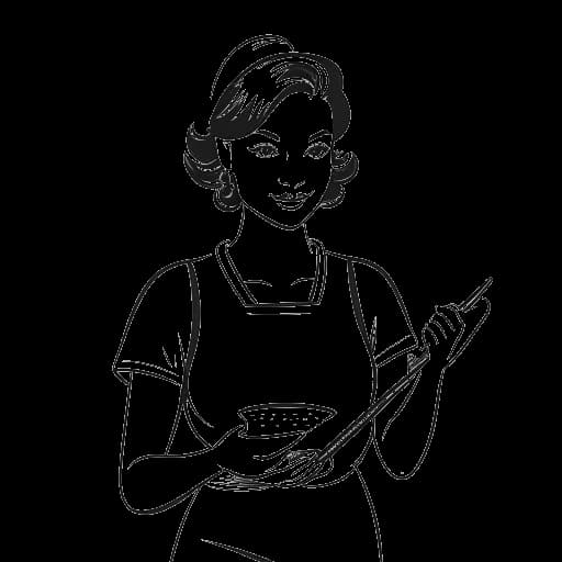 Strichzeichnung einer Frau, die Charlotte Würdig darstellt, mit einem Kochbuch und einem Pfannenwender