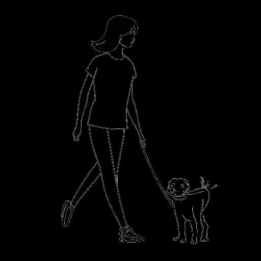 Strichzeichnung einer Frau, die Charlotte Würdig darstellt, mit einer Leine, an deren anderem Ende ein Hund ist