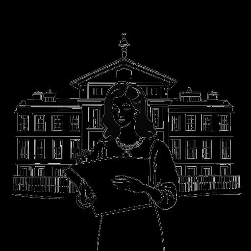 Strichzeichnung einer Frau, die Charlotte Würdig darstellt, mit einem Diplom vor einem Universitätsgebäude