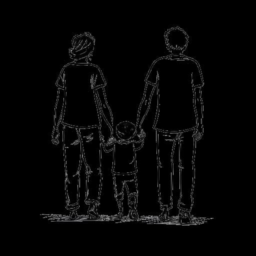 Strichzeichnung einer Frau, die Charlotte Würdig darstellt, Hand in Hand mit einem Mann und zwei Jungen