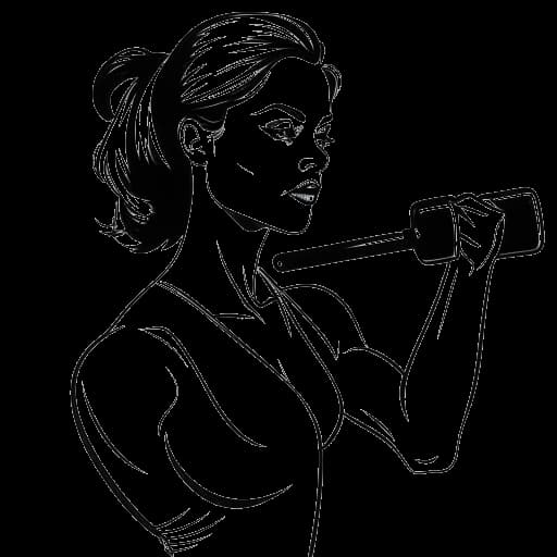 Strichzeichnung einer Frau, die Charlotte Würdig darstellt, mit einer Hantel und einem Schminkpinsel