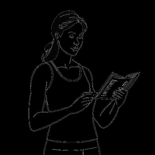 Strichzeichnung einer Frau, die Charlotte Würdig darstellt, mit einem Buch vor einem Fitnessstudio-Hintergrund