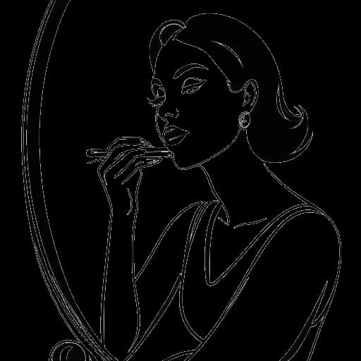 Strichzeichnung einer Frau, die Charlotte Würdig darstellt, beim Auftragen von Make-up vor einem Spiegel