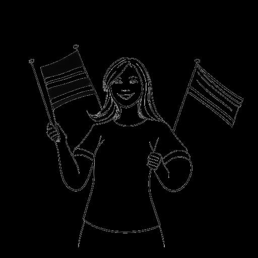 Strichzeichnung einer Frau, die Charlotte Würdig darstellt, mit drei Flaggen, die Norwegen, Deutschland und England repräsentieren