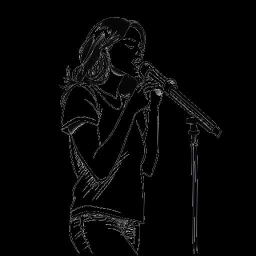 Strichzeichnung einer Frau, die Charlotte Würdig darstellt, mit einem Mikrofon vor einer Bühne