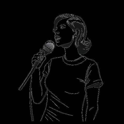 Strichzeichnung einer Frau, die Charlotte Würdig darstellt, mit einem Mikrofon und einem Heimwerkerwerkzeug