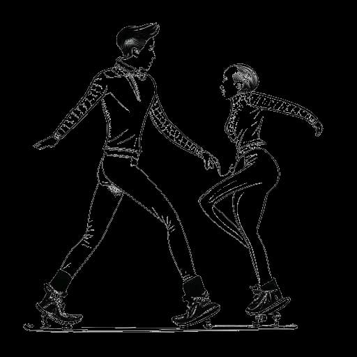 Strichzeichnung einer Frau, die Charlotte Würdig darstellt, beim Eislaufen mit einem Mann