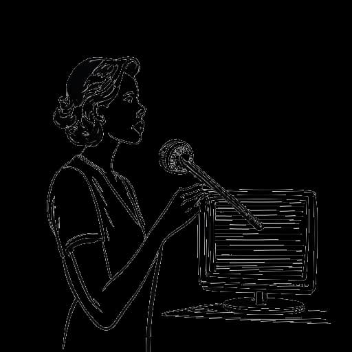 Strichzeichnung einer Frau, die Charlotte Würdig darstellt, mit einem Mikrofon vor einem Fernsehgerät