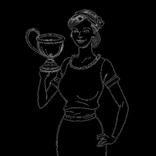 Strichzeichnung einer Frau, die Charlotte Würdig darstellt, mit einem Pokal und einem Wok