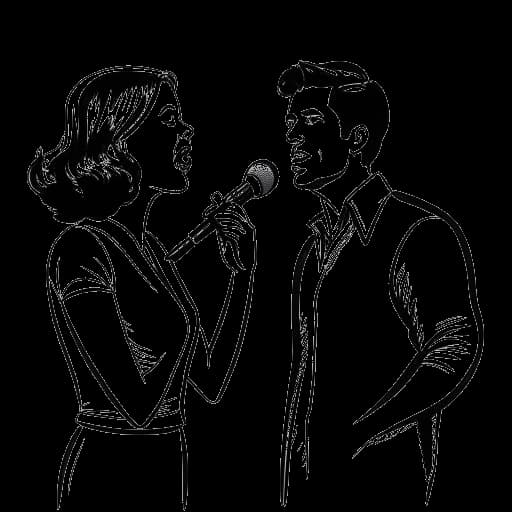 Strichzeichnung einer Frau, die Charlotte Würdig darstellt, mit einem Mikrofon neben einem Mann