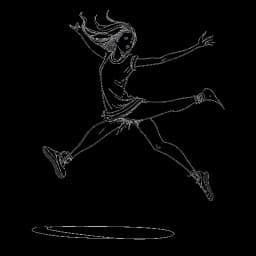Line art drawing of a young woman representing Rylee Arnold performing a tilt jump, with symbols of her interests including Taylor Swift's music, Harry Potter, and pizza, all against a white background.