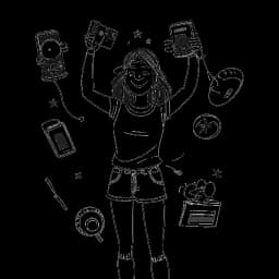 Line art drawing of a teenage girl, representing Rylee Arnold, in a dance pose with a trophy, surrounded by symbols of cameras and social media, illustrating her popularity online, all on a white backdrop.