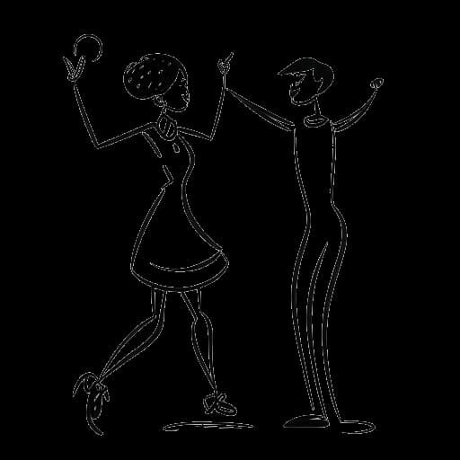 Line drawing of a young female representing Rylee Arnold standing next to a male dancer, with an expression of surprise and a heart with a question mark, symbolizing the mix-up about her relationship, all against a white background.