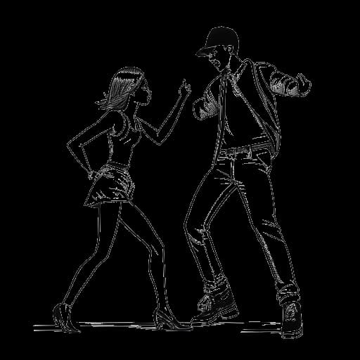 Desenho em arte de linha de uma menina jovem, representando Rylee Arnold, dançando com Justin Bieber.