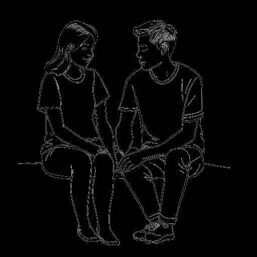 Desenho em arte de linha de uma jovem mulher e um jovem homem, representando Rylee Arnold e Truman Burningham, de mãos dadas.