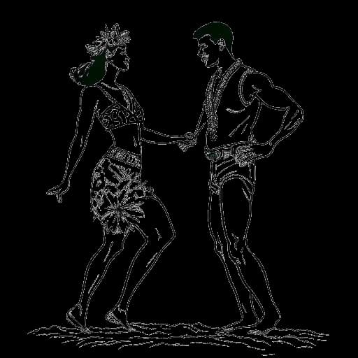 Desenho em arte de linha de uma jovem mulher, representando Rylee Arnold, ao lado de Derek Hough, ambos usando leis em uma praia.