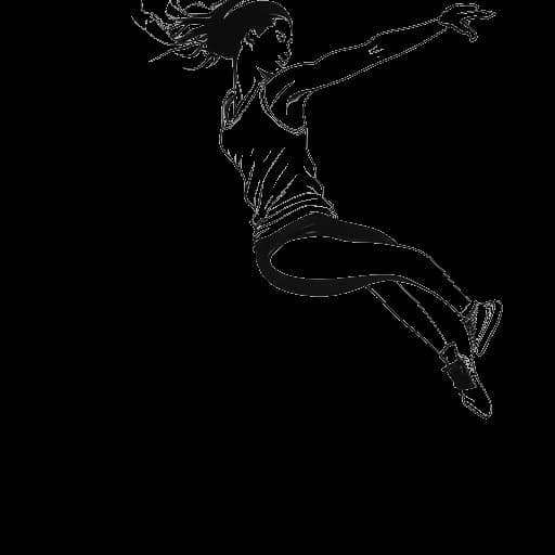 Desenho em arte de linha de uma jovem mulher, representando Rylee Arnold, executando um salto lateral em traje de dança contemporânea.