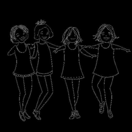 Desenho em arte de linha de quatro irmãs, representando as irmãs Arnold, em trajes de dança, de mãos dadas.