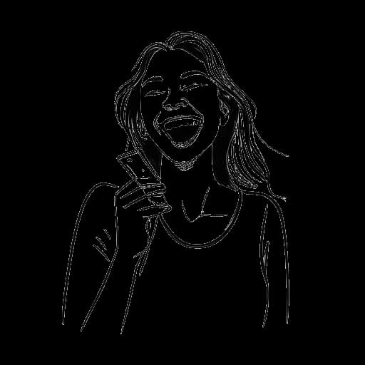 Desenho em arte de linha de uma jovem mulher, representando Rylee Arnold, rindo e segurando um celular.