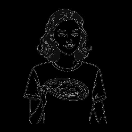 Desenho em arte de linha de uma jovem mulher, representando Rylee Arnold, segurando uma fatia de pizza e vestindo uma camiseta rosa.