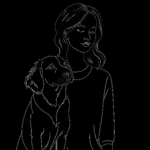 Desenho em arte de linha de uma jovem mulher, representando Rylee Arnold, segurando um cachorro grande.