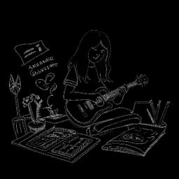 Line art drawing of a boy, representing Matthew Koma, with long hair writing music notes on paper in a studio setting, exuding a sense of achievement. Musical instruments and a record label contract surround him, all against a white backdrop.