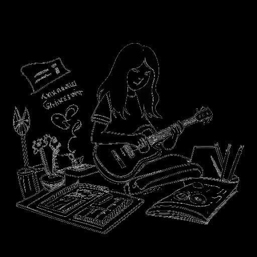 Line art drawing of a boy, representing Matthew Koma, with long hair writing music notes on paper in a studio setting, exuding a sense of achievement. Musical instruments and a record label contract surround him, all against a white backdrop.