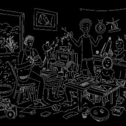 Line art drawing of a man, representing Matthew Koma, engaging in creative activities like drawing and music with his family in a home setting, exuding joy and warmth. Art supplies and musical instruments surround them, all against a white backdrop.