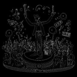 Line art drawing of a man, representing Matthew Koma, performing on a stage with lights and a cheering crowd. Music icons like a gramophone and musical notes surround him, showcasing confidence and passion, all against a white backdrop.