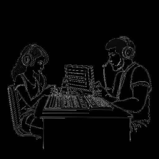 Disegno in stile line art di un uomo, raffigurante Matthew Koma, che lavora in uno studio di registrazione con Britney Spears e Shania Twain