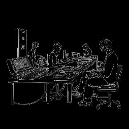 Disegno in stile line art di un uomo, raffigurante Matthew Koma, che lavora in uno studio di registrazione con altri musicisti