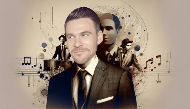 Matthew Koma, elegantly dressed in a suit, showcasing a charming smile, surrounded by musical notes symbolizing his musical talent and industry achievements.