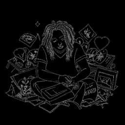 Strichzeichnung einer Person, umgeben von Rechtsdokumenten und gebrochenen Herzen, was 6ix9ines kontroverses Privatleben symbolisiert, vor einem weißen Hintergrund.