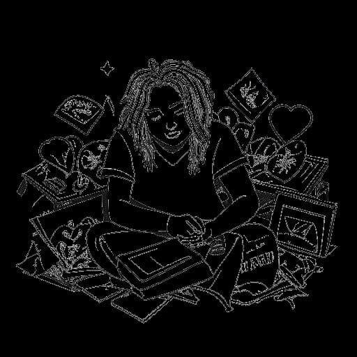 Strichzeichnung einer Person, umgeben von Rechtsdokumenten und gebrochenen Herzen, was 6ix9ines kontroverses Privatleben symbolisiert, vor einem weißen Hintergrund.