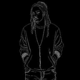 Strichzeichnung einer selbstbewusst stehenden Person, was 6ix9ines Widerstandsfähigkeit und einzigartigen Stil symbolisiert, vor einem weißen Hintergrund.